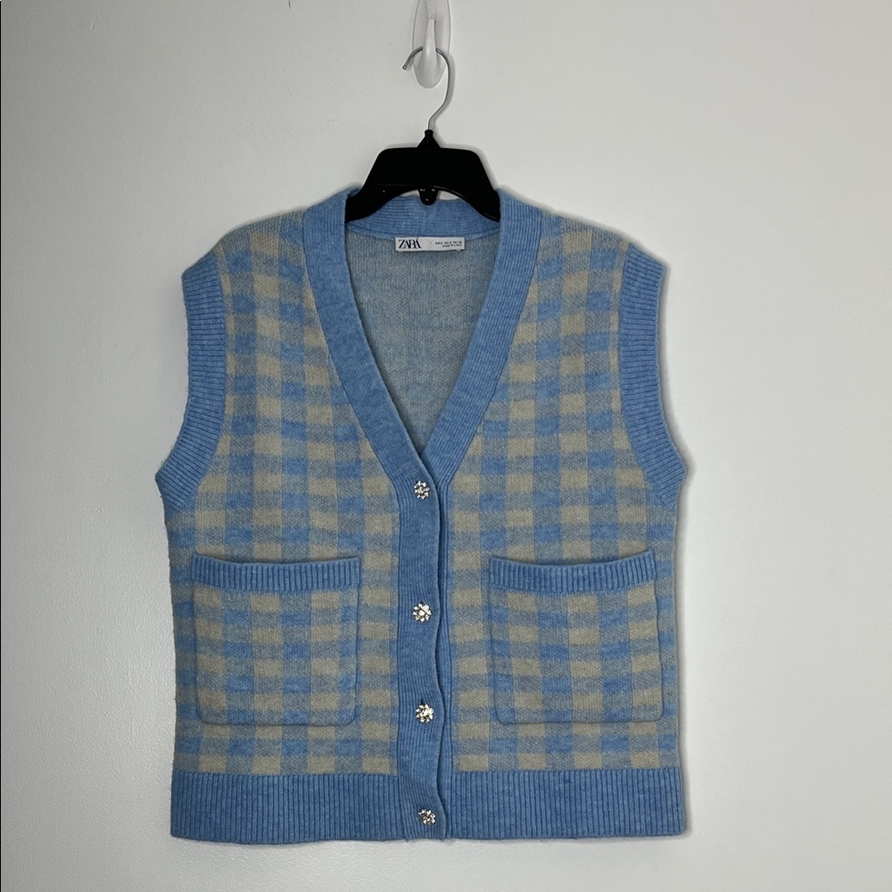 ZARA Plaid checked sleeveless cardigan sweater with jeweled buttons size small